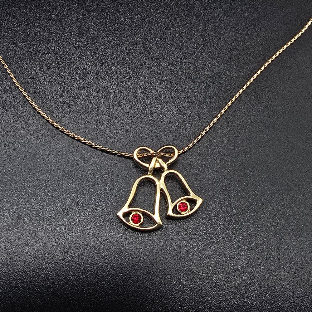 Avon Gold Tone Red Christmas Bells Necklace Vintage Costume Jewelry
